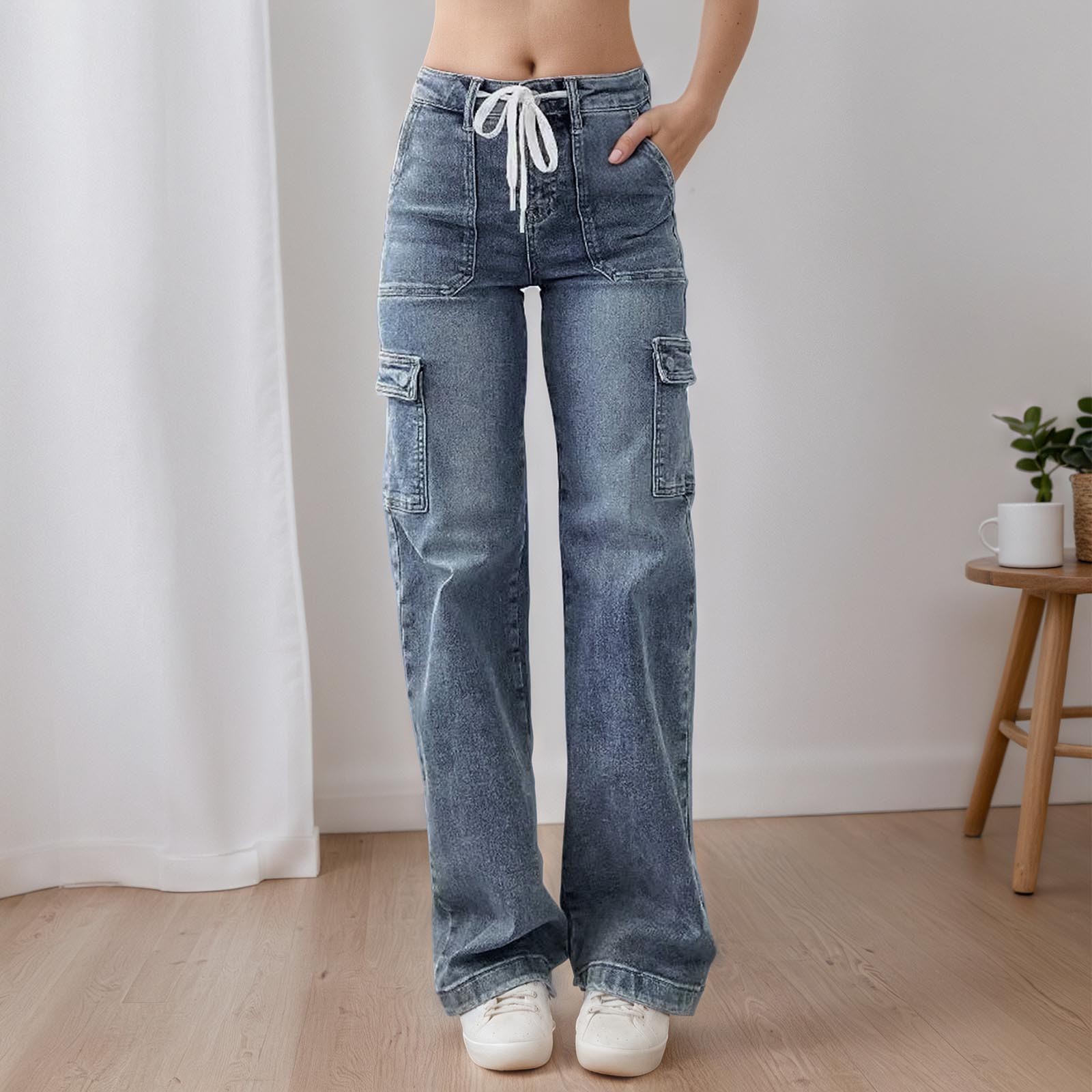 thumbnail image 2 of Pantalones rectos de trabajo para mujer: vaqueros informales con múltiples bolsillos para uso diario, 2 of 5